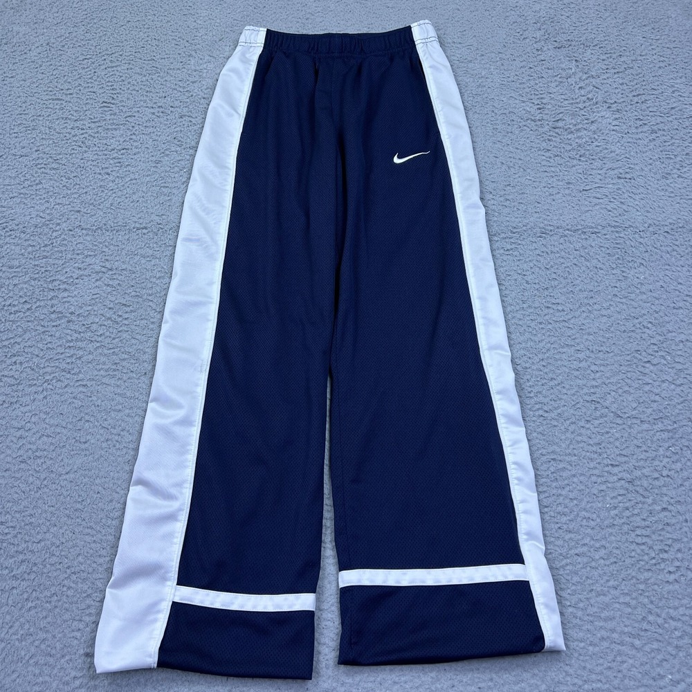 VTG Nike Mesh Track Pants Youth L Navy Blue Side Stripe Basketball Swoosh Wide